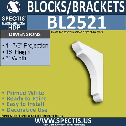 Manufacturer dimension card for Spectis BL 2521, 3″ wide, 16″ high, 11 7/8″ projection.