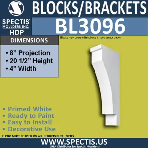 Manufacturer dimension card for Spectis BL 3096, 4″ wide, 20 1/2″ high, 8″ projection.